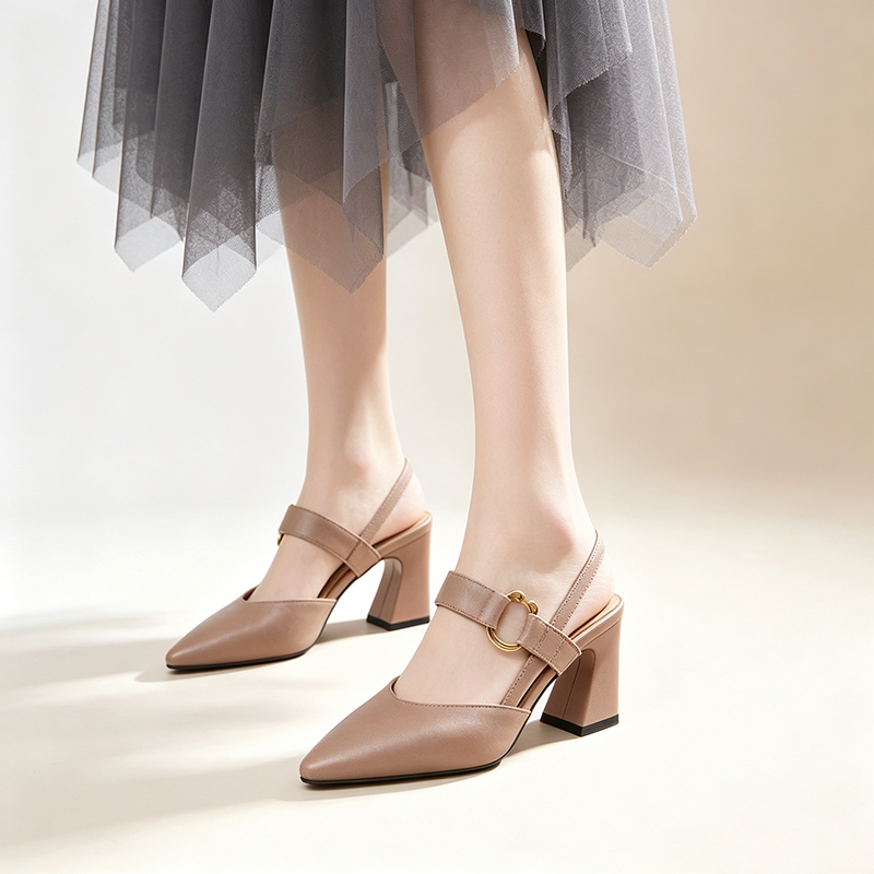 Women's Pointed-Toe Buckled Slingback Sandals with Retro Block Heels