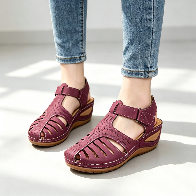 Women's Closed-Toe Cut-Out Wedge Sandals with Adjustable Hook-and-Loop Closure