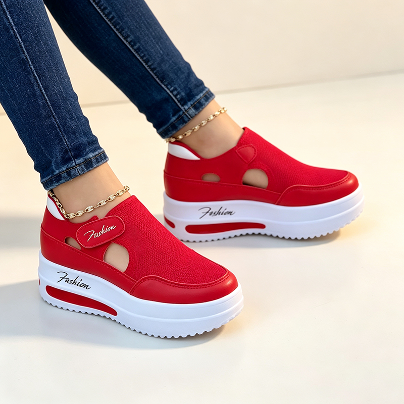 Women's casual cutout mesh sneakers with thick soles and Velcro straps
