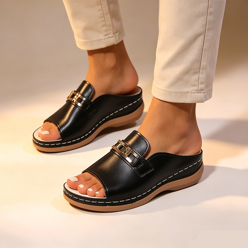 Women's open-toe wedge slides with metallic embellishment