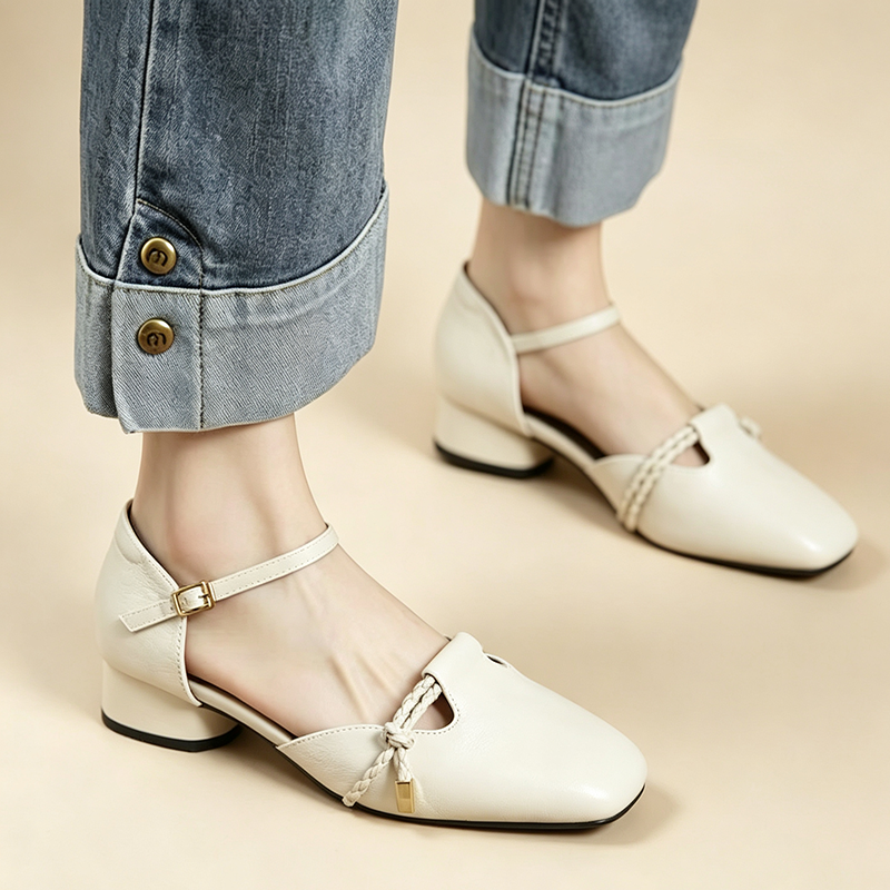 Women's Retro Woven Knot Square-Toe Low-Heel Sandals