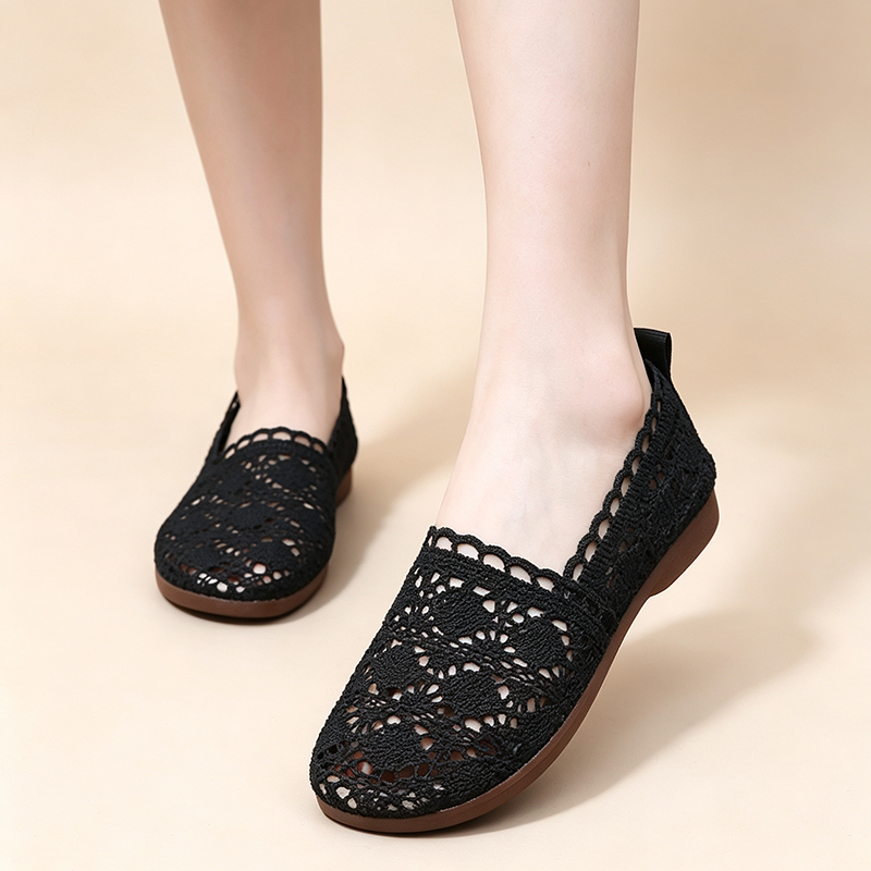 Breathable Hollow Mesh Lace Soft Sole Casual Slip Ons Flat Shoes