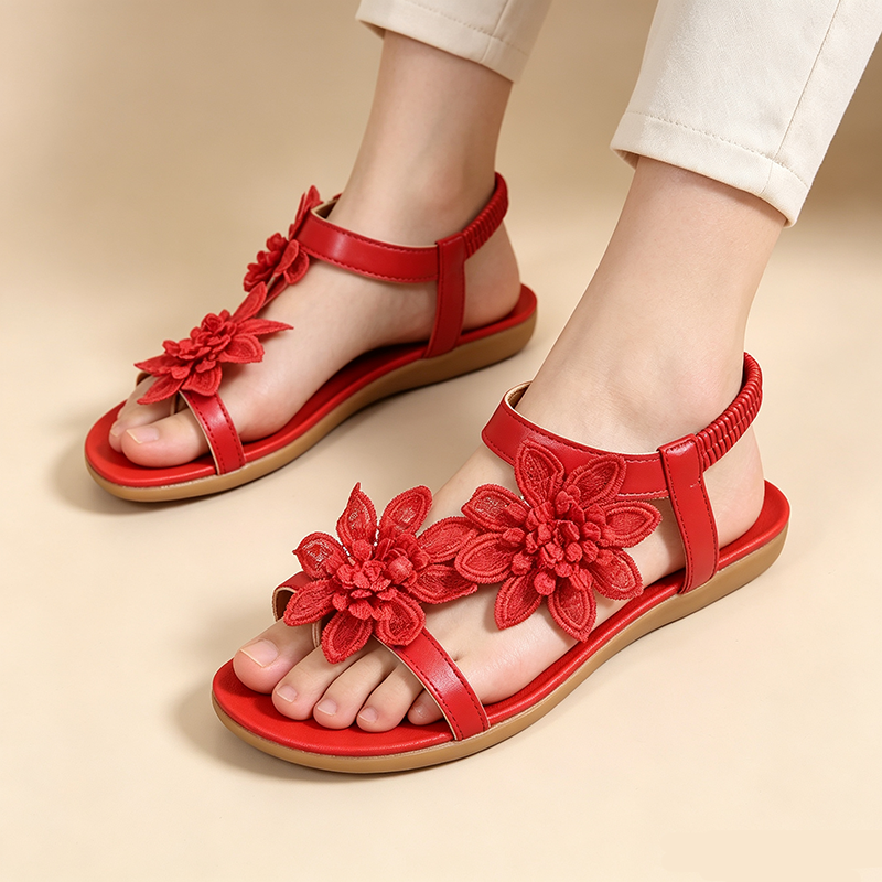 Women's Floral Lace Flat Beach Shoes with Elastic Ankle Strap and Open Toe