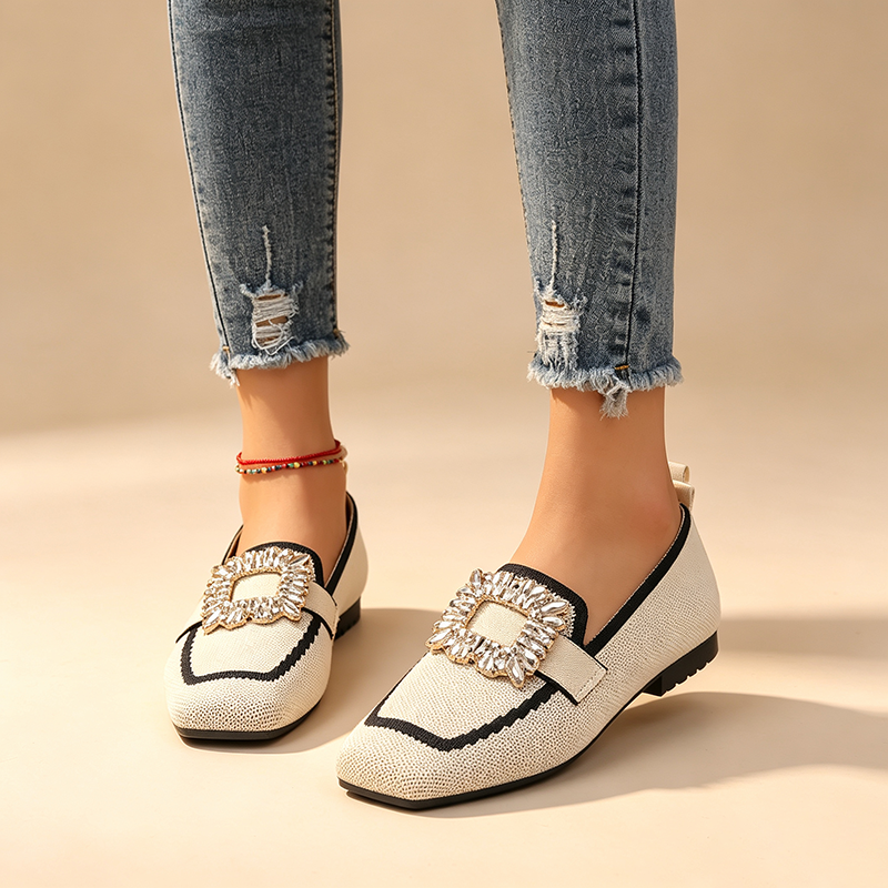 Women's color-block square-toe knit loafers with rhinestone buckle