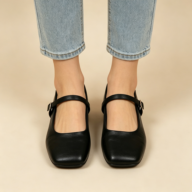 Women's Retro Square-Toe Mary Jane Flats with Single Ankle Strap