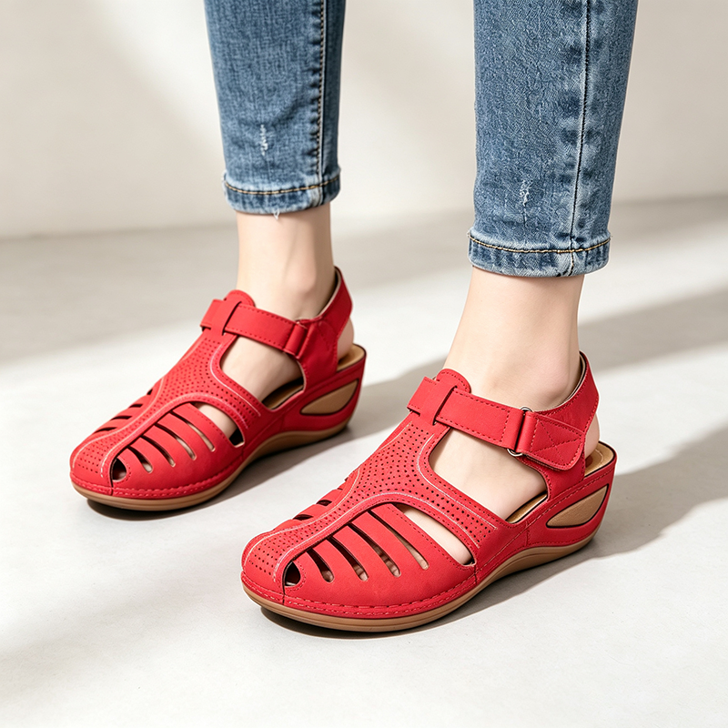 Women's Closed-Toe Cut-Out Wedge Sandals with Adjustable Hook-and-Loop Closure