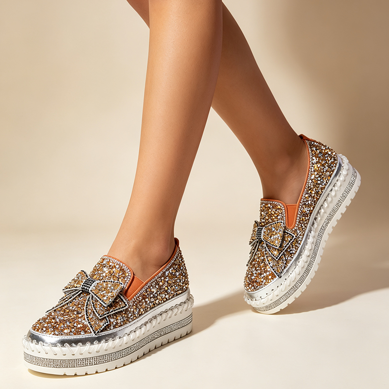 Women's Rhinestone Platform Loafers – Sparkling Bow Slip-Ons