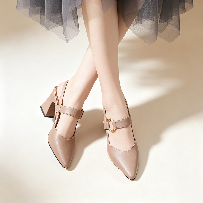 Women's Pointed-Toe Buckled Slingback Sandals with Retro Block Heels