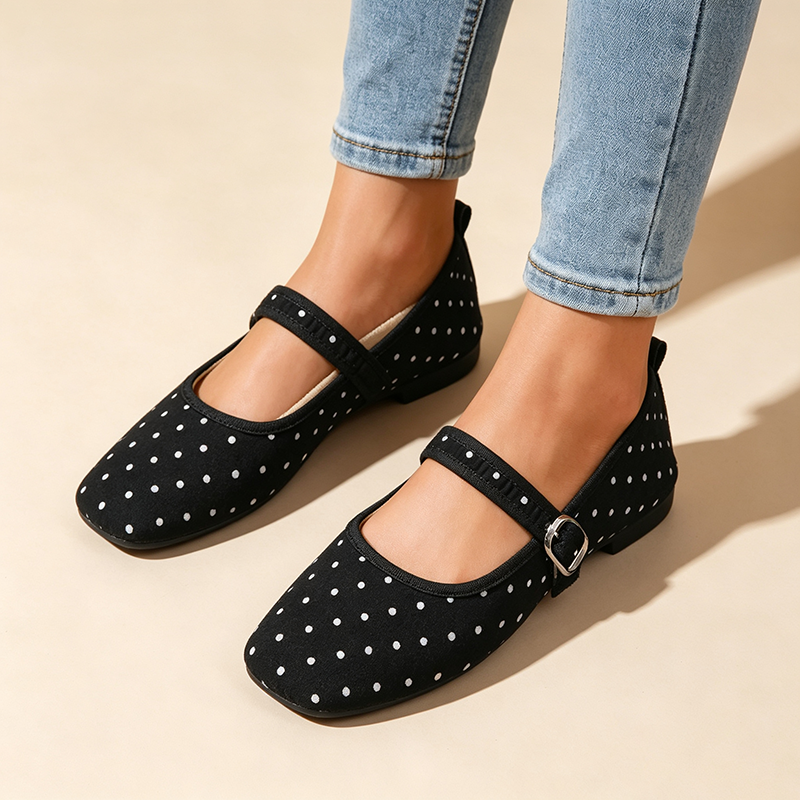 Women's Retro Square-Toe Suede Mary Jane Flats with Adjustable Single Strap