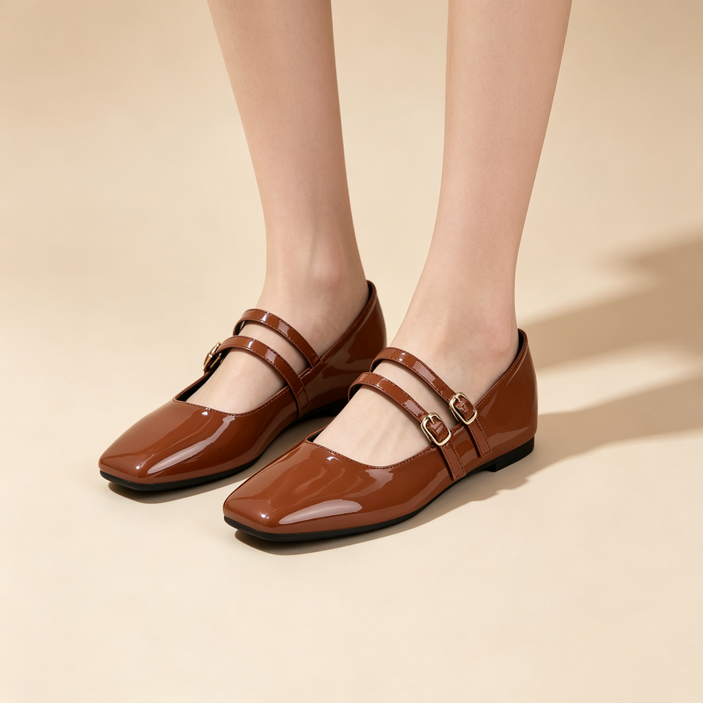 Vintage French Square Toe Patent Leather Mary Jane Flats for Women