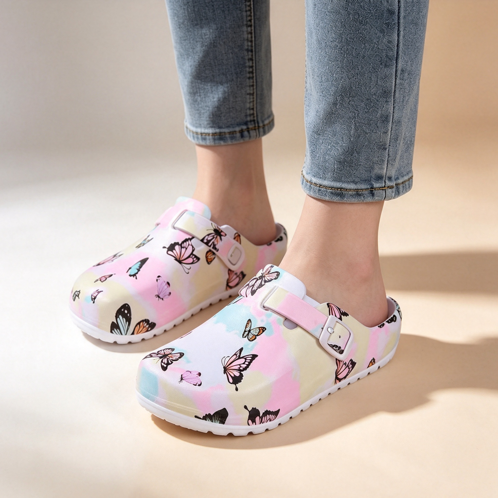 Women's EVA Closed Toe Butterfly Print Slide Sandals