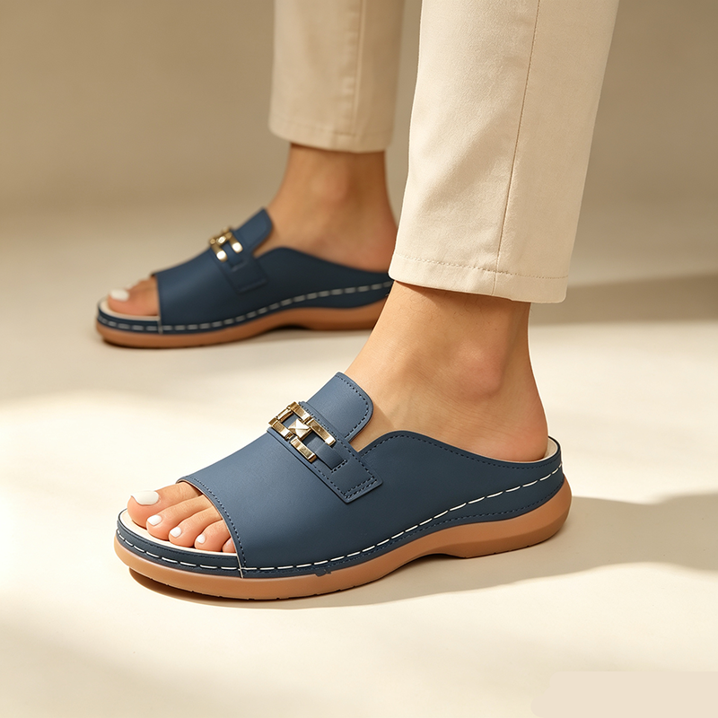 Women's open-toe wedge slides with metallic embellishment