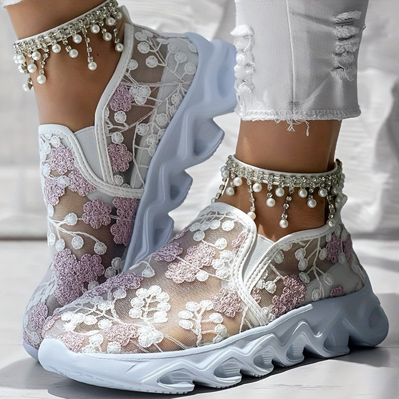 Women's sequin lace-mesh slip-on sneakers