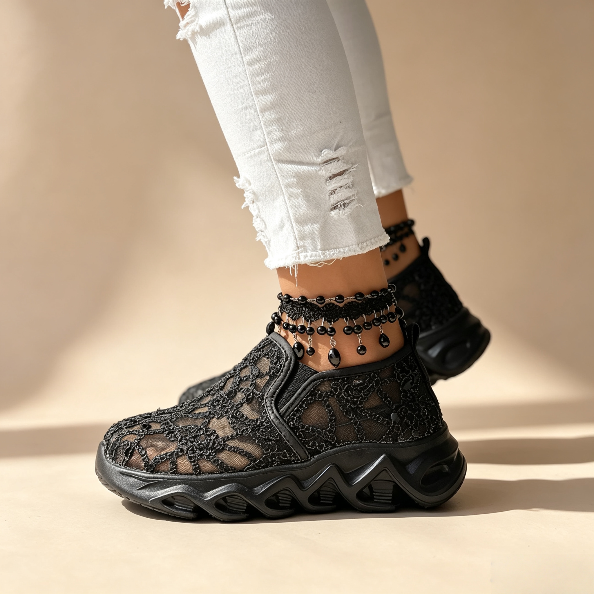 Women's sequin lace-mesh slip-on sneakers