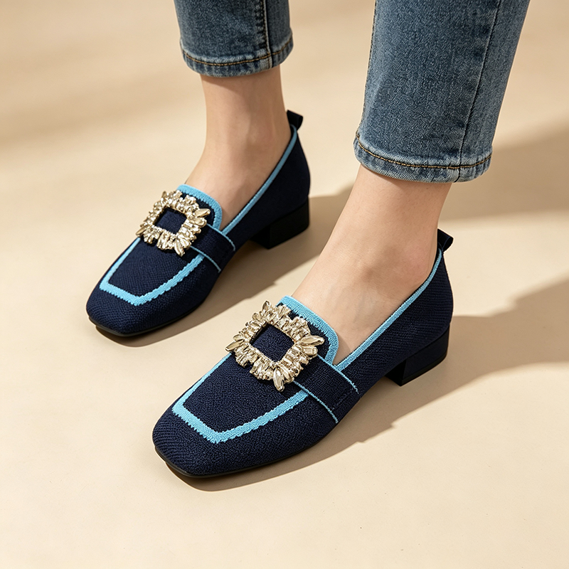 Women's color-block square-toe knit loafers with rhinestone buckle