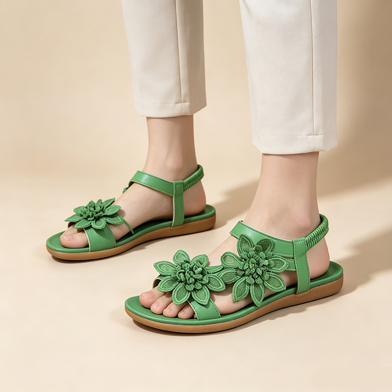 Women's Floral Lace Flat Beach Shoes with Elastic Ankle Strap and Open Toe