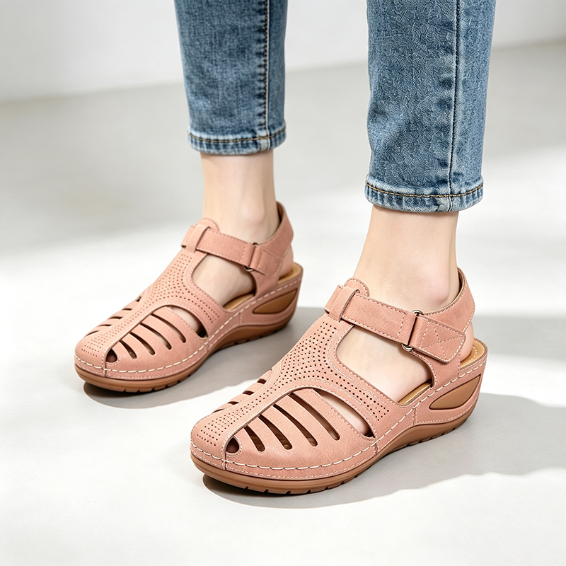 Women's Closed-Toe Cut-Out Wedge Sandals with Adjustable Hook-and-Loop Closure
