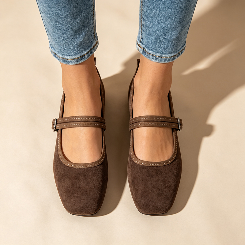 Women's Retro Square-Toe Suede Mary Jane Flats with Adjustable Single Strap