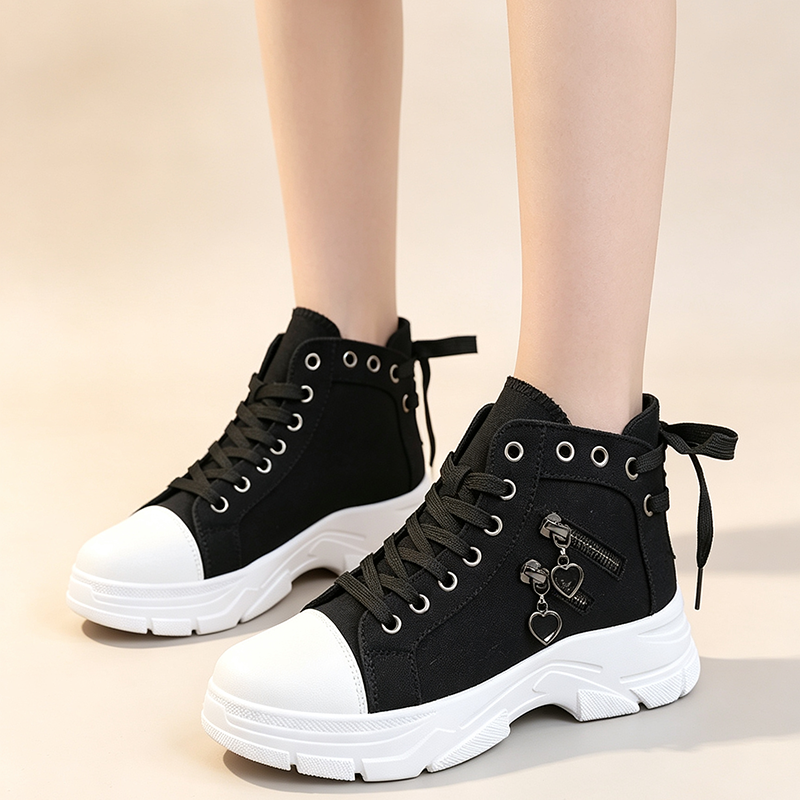 Women's Denim High-Top Platform Sneakers with Cute Heart-Shaped Zipper