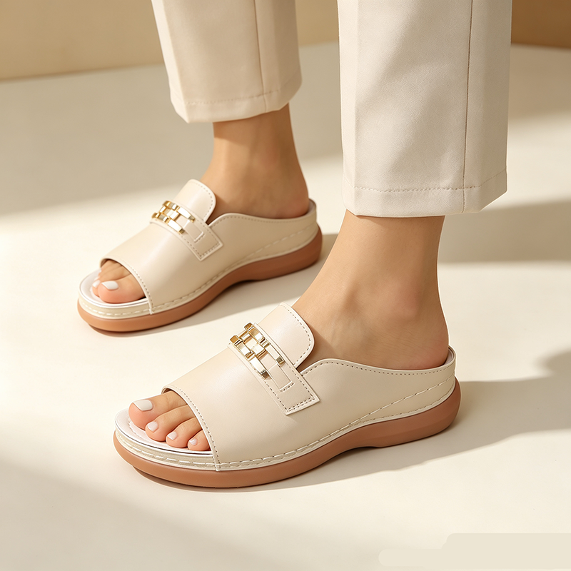 Women's open-toe wedge slides with metallic embellishment