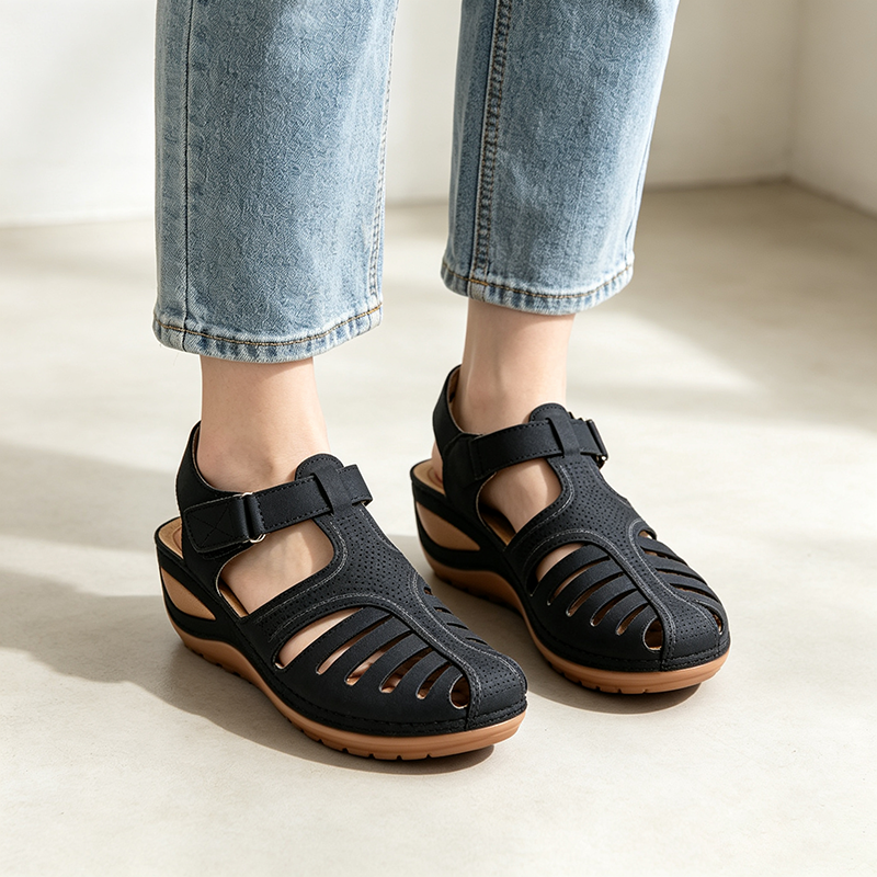 Women's Closed-Toe Cut-Out Wedge Sandals with Adjustable Hook-and-Loop Closure