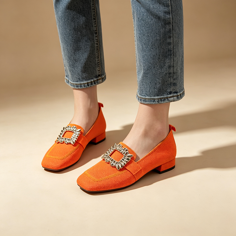 Women's color-block square-toe knit loafers with rhinestone buckle