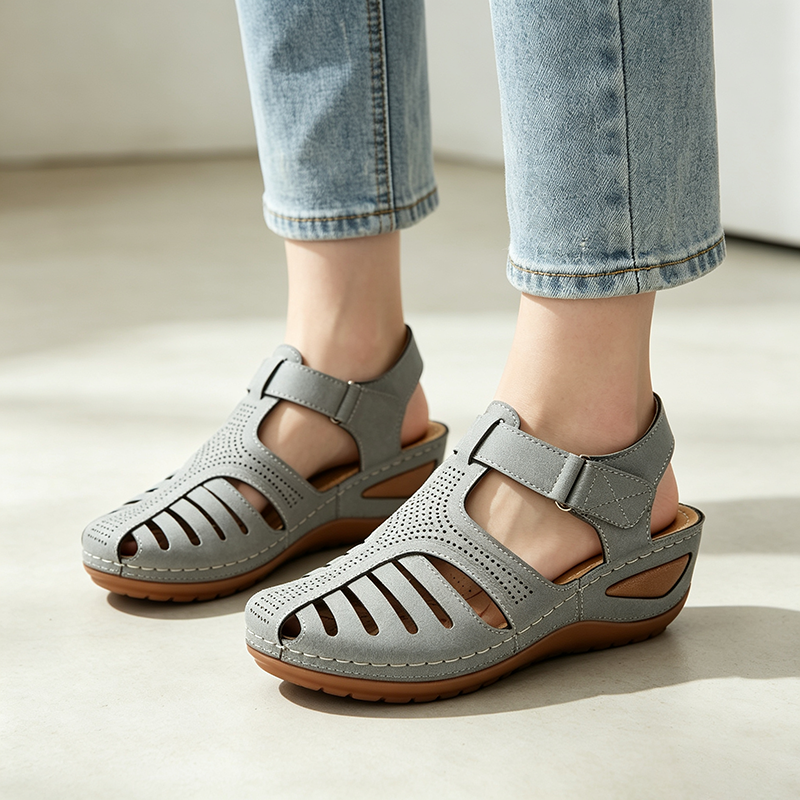 Women's Closed-Toe Cut-Out Wedge Sandals with Adjustable Hook-and-Loop Closure