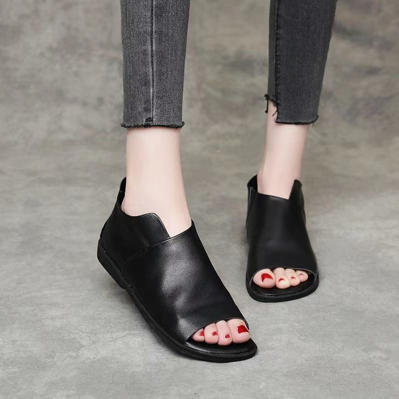 Women's Vintage Open-Toe Leather Flat Sandals