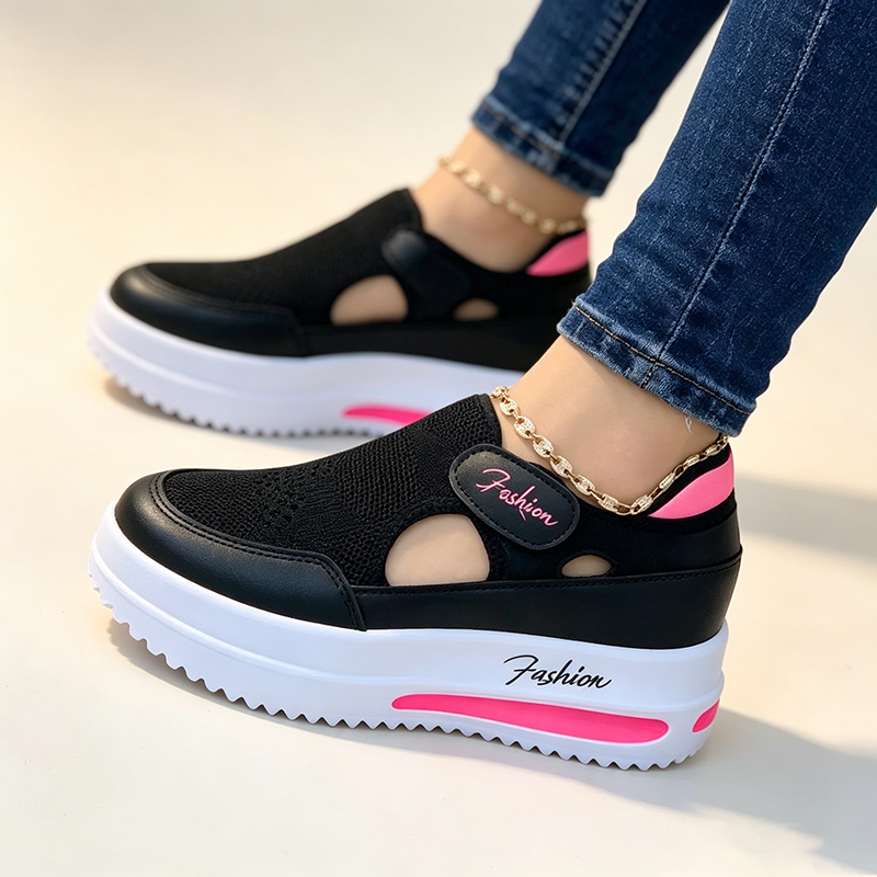Women's casual cutout mesh sneakers with thick soles and Velcro straps