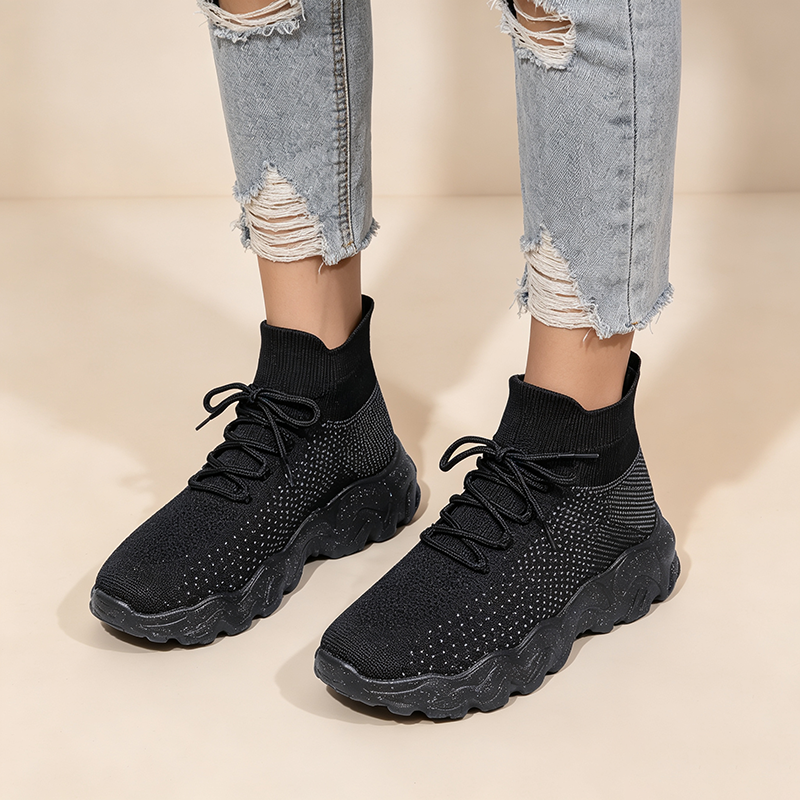 Women's Breathable Fly-Knit High-Top Platform Walking Shoes