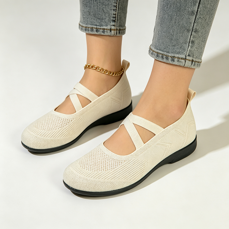 Women's Breathable Knit Slip-On Walking Flats with Dual Straps