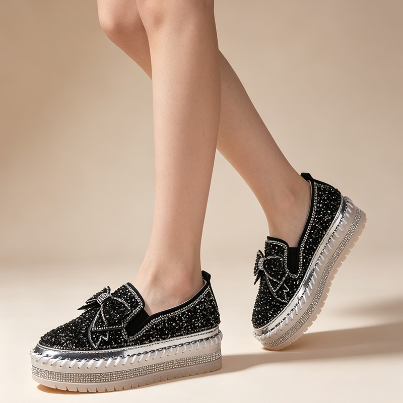 Women's Rhinestone Platform Loafers – Sparkling Bow Slip-Ons