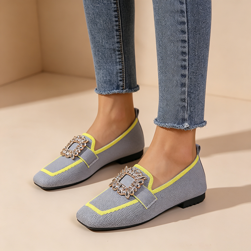 Women's color-block square-toe knit loafers with rhinestone buckle