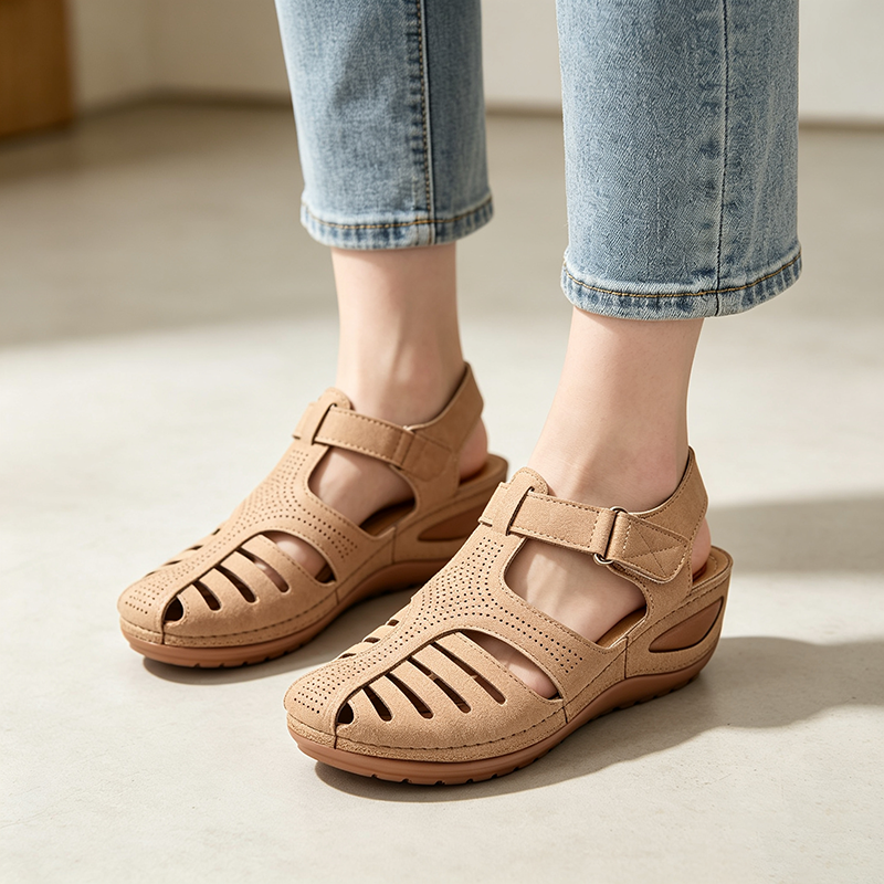Women's Closed-Toe Cut-Out Wedge Sandals with Adjustable Hook-and-Loop Closure