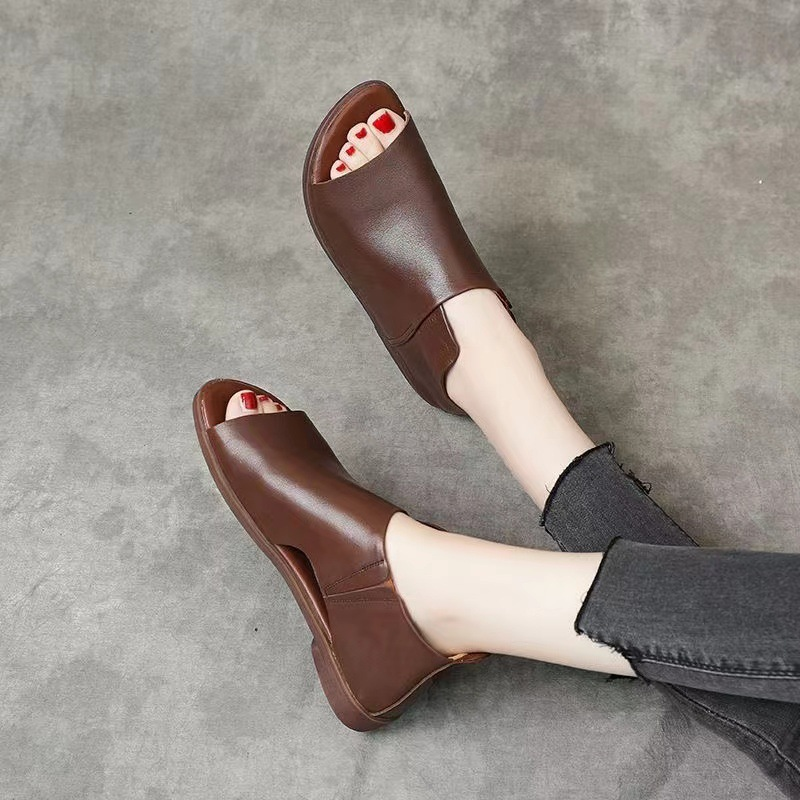 Women's Vintage Open-Toe Leather Flat Sandals