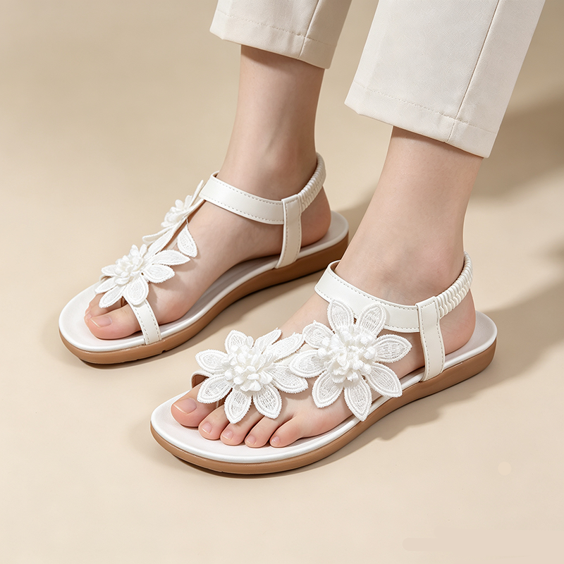 Women's Floral Lace Flat Beach Shoes with Elastic Ankle Strap and Open Toe