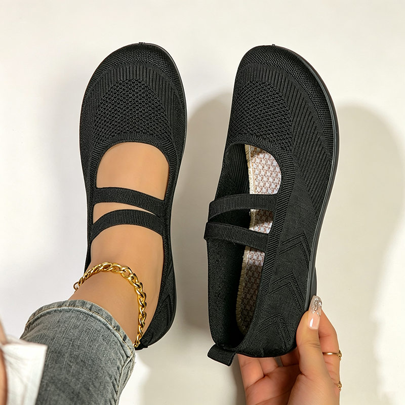 Women's Breathable Knit Slip-On Walking Flats with Dual Straps
