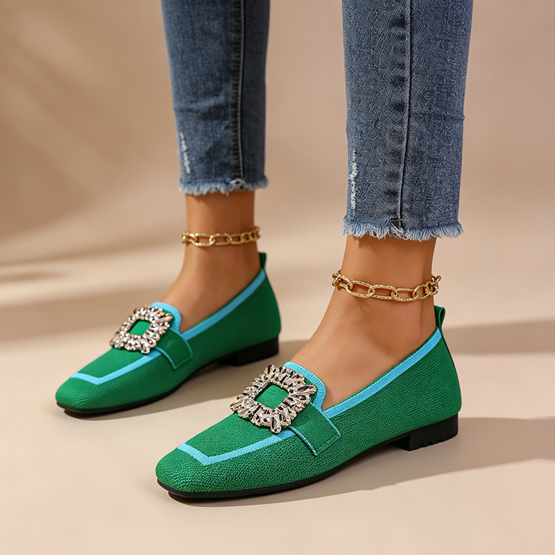Women's color-block square-toe knit loafers with rhinestone buckle