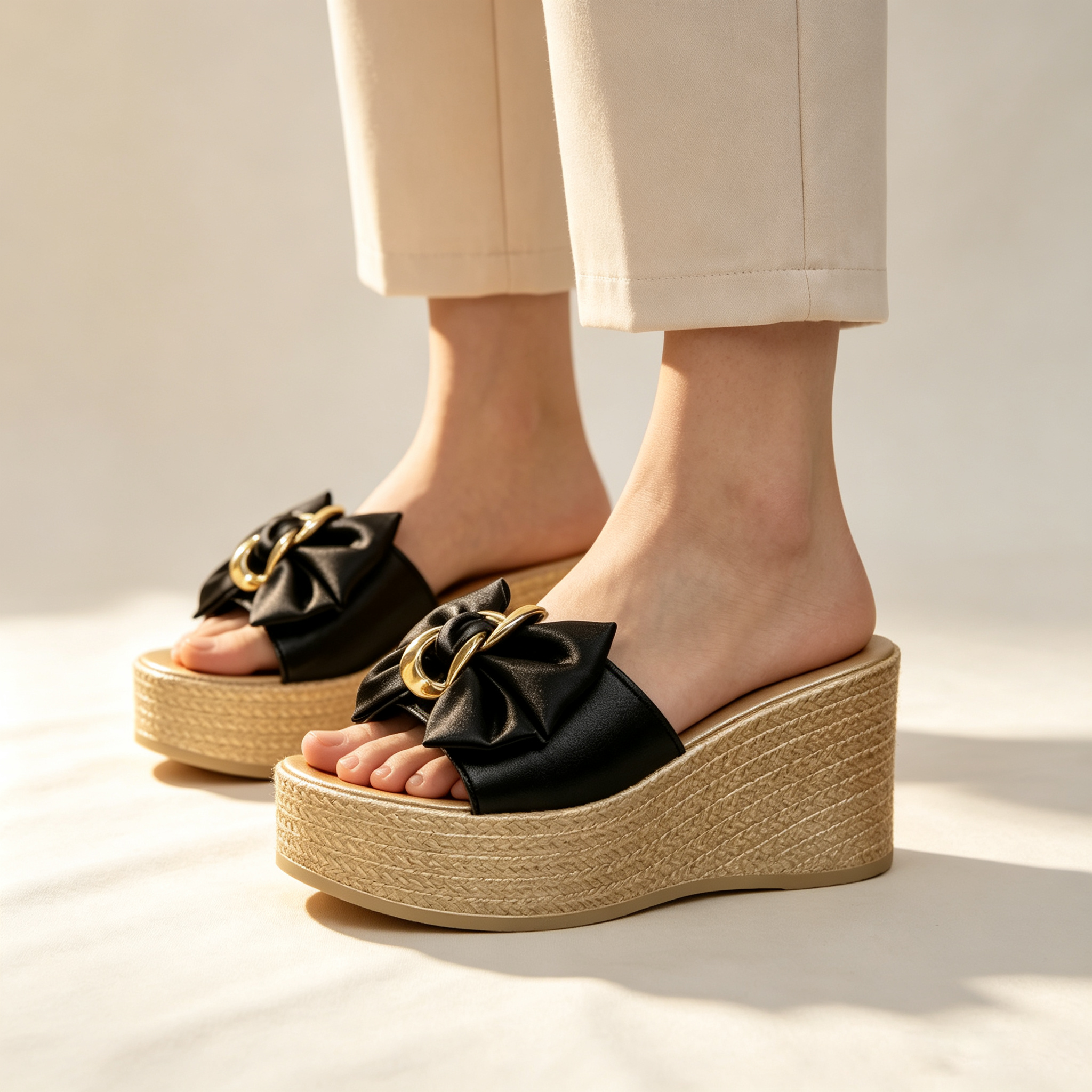 Satin Bow Metal Chain Platform Wedge Slide Sandals