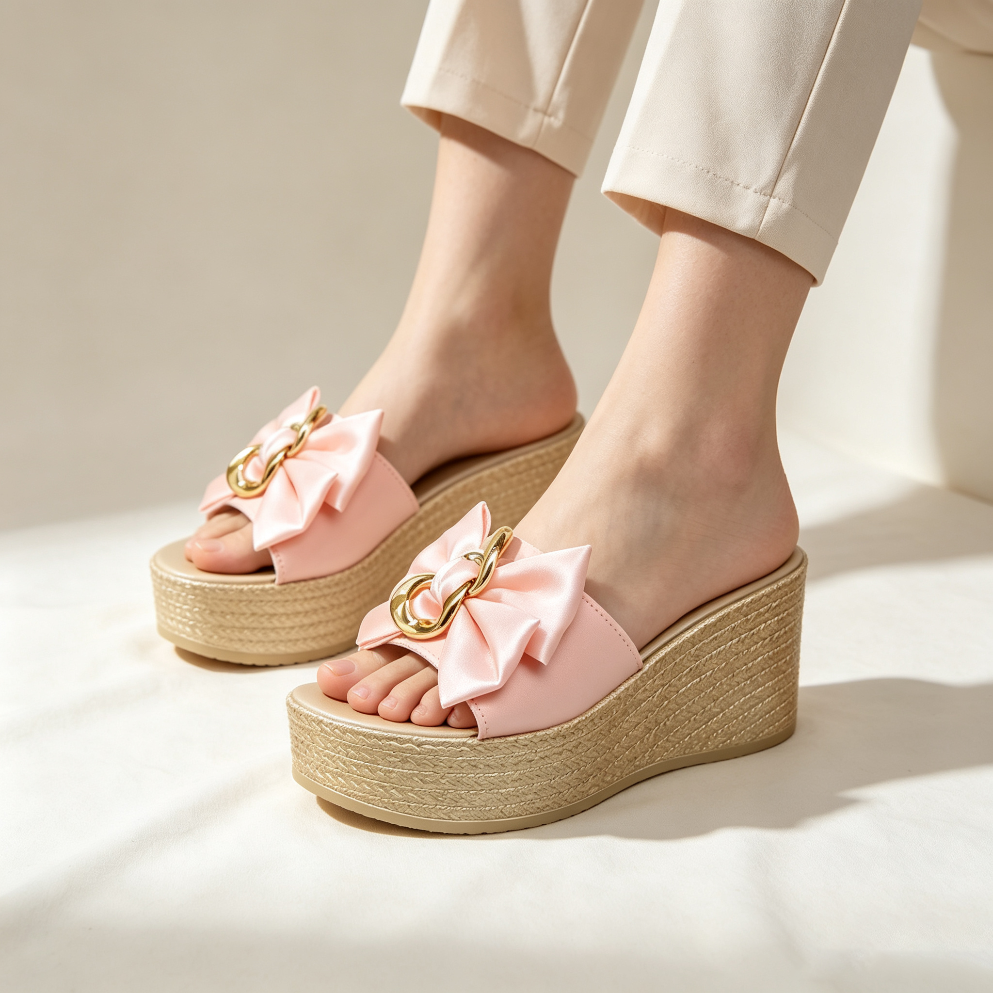 Satin Bow Metal Chain Platform Wedge Slide Sandals
