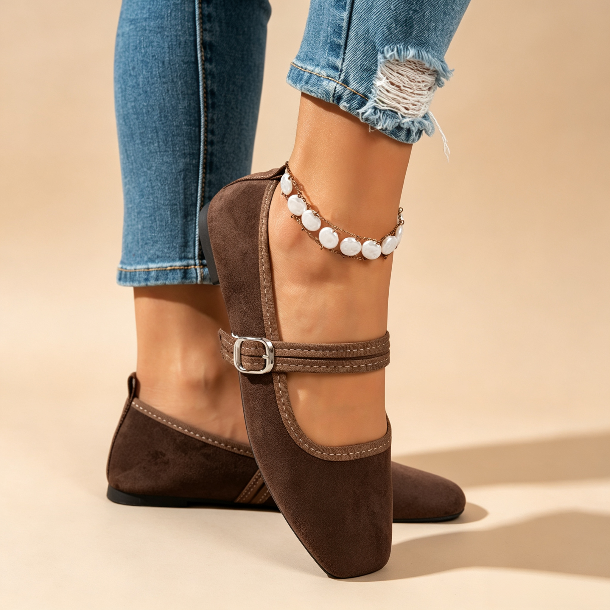 Women's Retro Square-Toe Suede Mary Jane Flats with Adjustable Single Strap