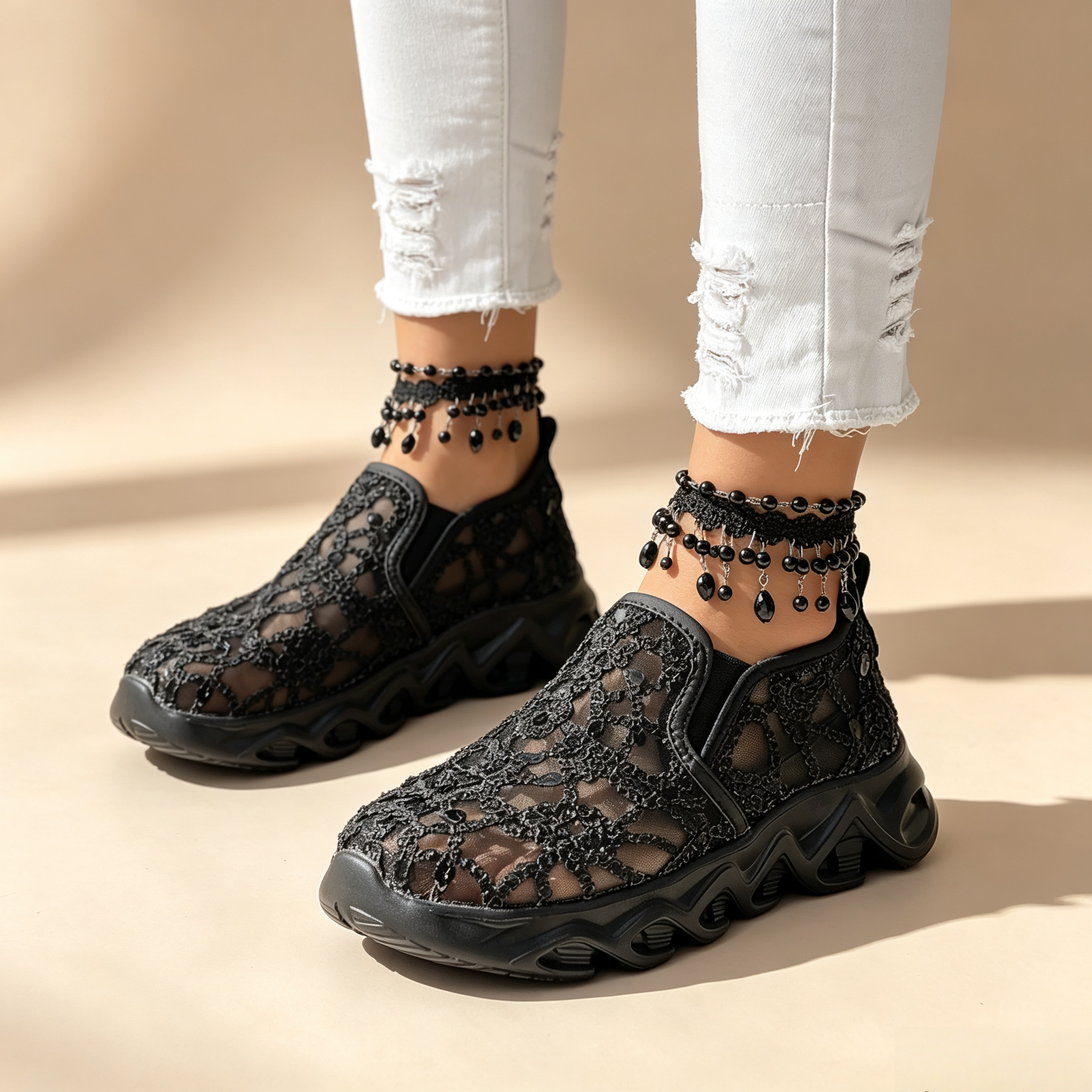 Women's sequin lace-mesh slip-on sneakers