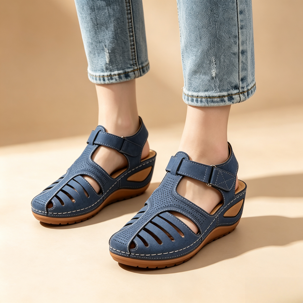 Women's Closed-Toe Cut-Out Wedge Sandals with Adjustable Hook-and-Loop Closure