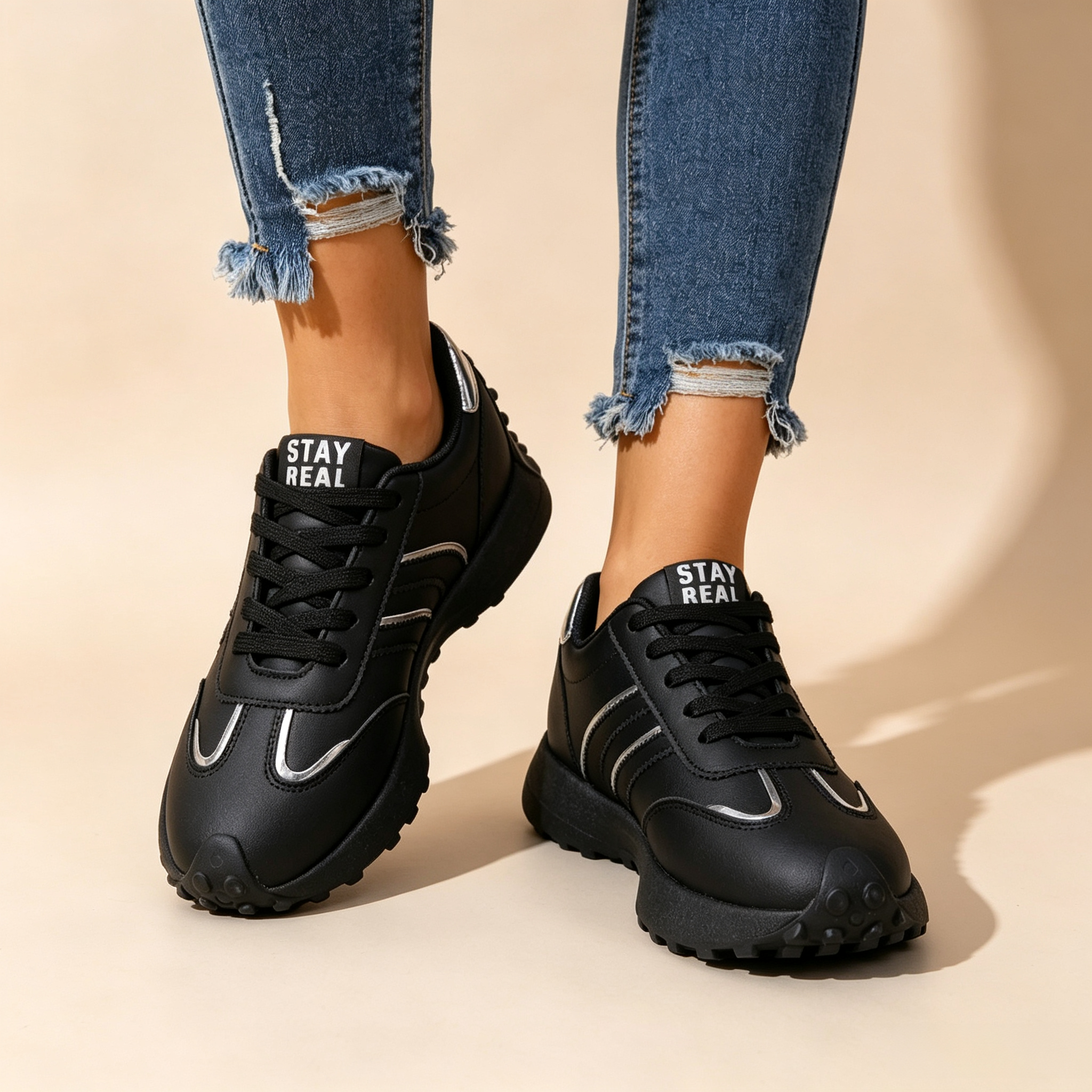 Women's Lightweight Casual Retro Striped Metallic Platform Sneakers