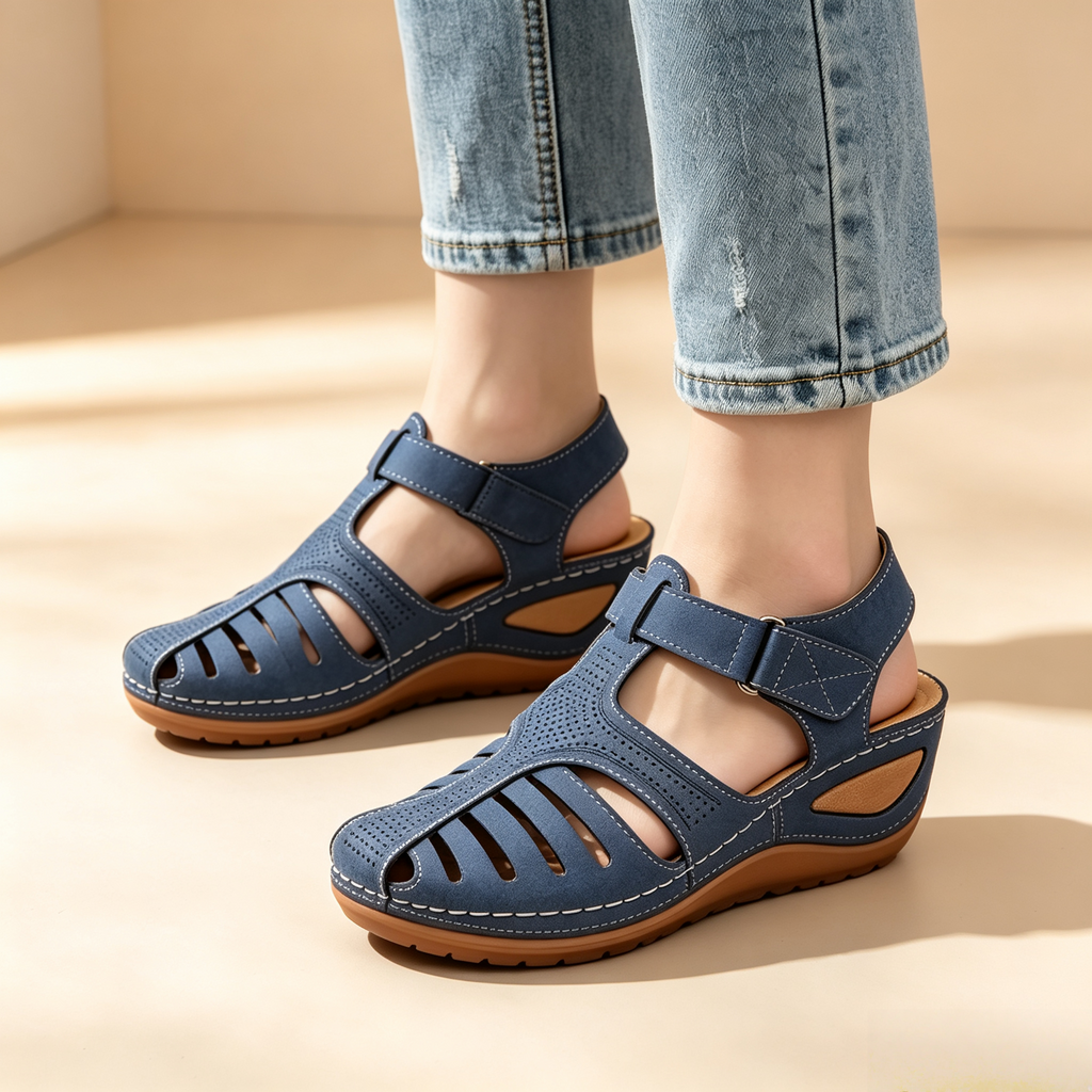 Women's Closed-Toe Cut-Out Wedge Sandals with Adjustable Hook-and-Loop Closure