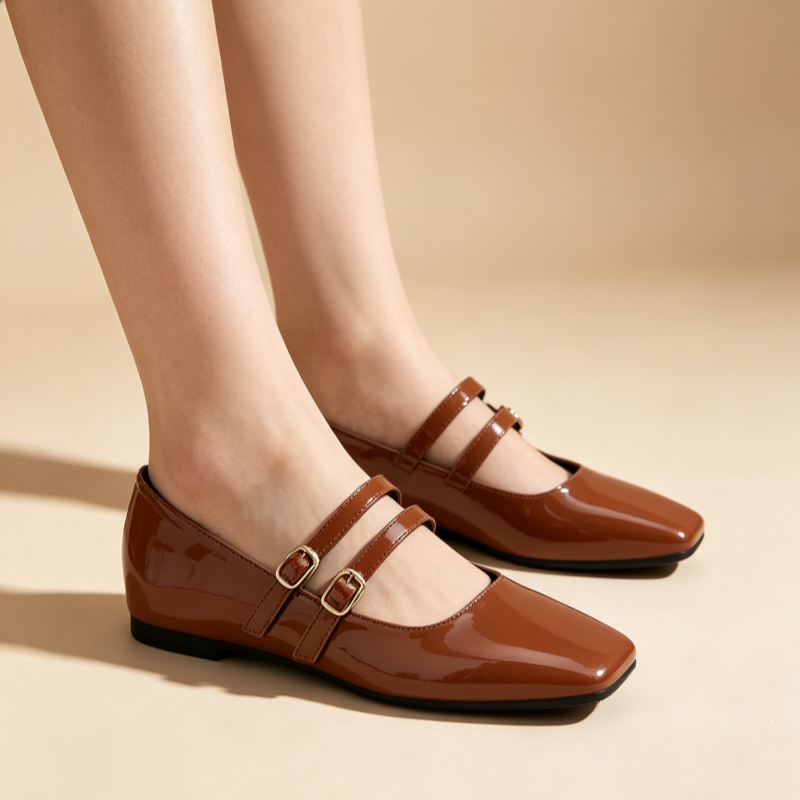 Vintage French Square Toe Patent Leather Mary Jane Flats for Women