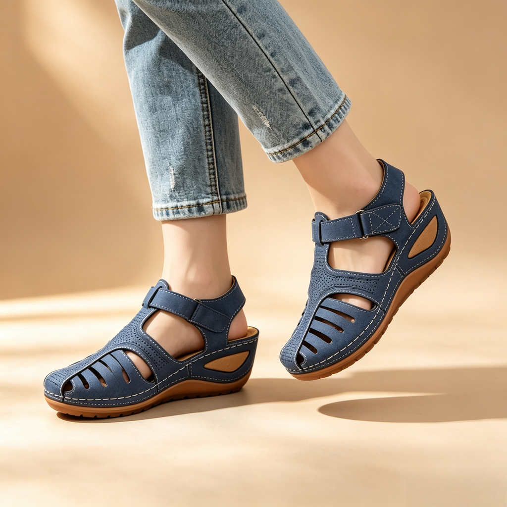 Women's Closed-Toe Cut-Out Wedge Sandals with Adjustable Hook-and-Loop Closure