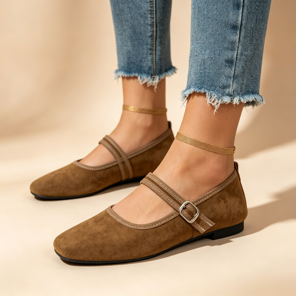 Women's Retro Square-Toe Suede Mary Jane Flats with Adjustable Single Strap