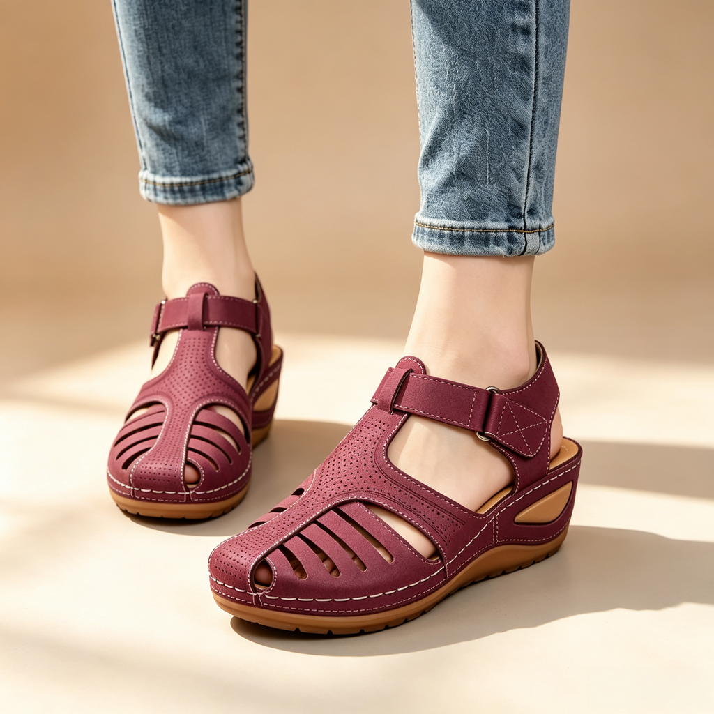 Women's Closed-Toe Cut-Out Wedge Sandals with Adjustable Hook-and-Loop Closure