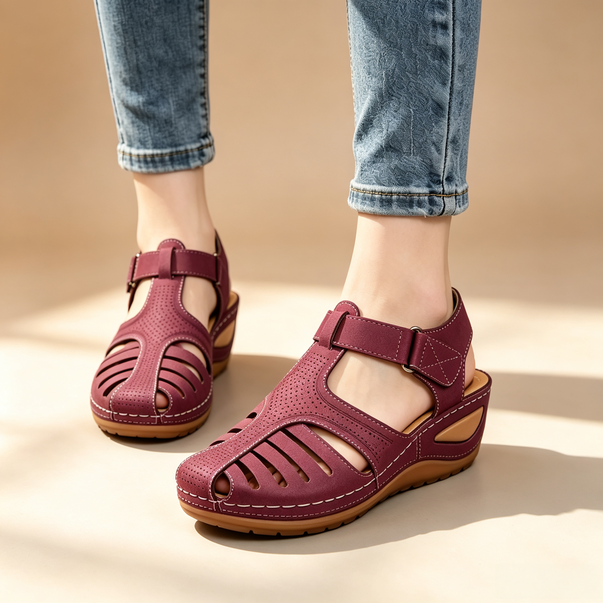 Women's Closed-Toe Cut-Out Wedge Sandals with Adjustable Hook-and-Loop Closure